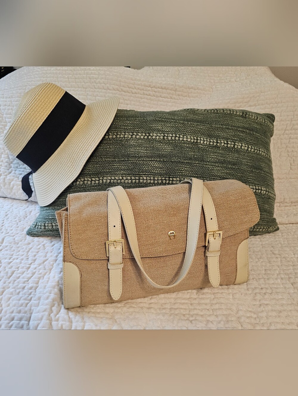 Etienne Aigner Neutral Beige Canvas Hand/shoulder Bag with Cream Trim